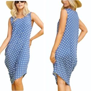 NEW Blue Polka Dot Sleeveless Side Draped Dress